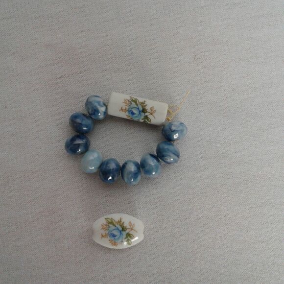 Vintage Japanese Milk Glass  Porcelin Oval And Tube Beads W/ blue rose & round - Picture 2 of 5